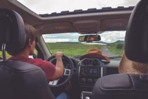 Two people sitting in a car with an open sunroof