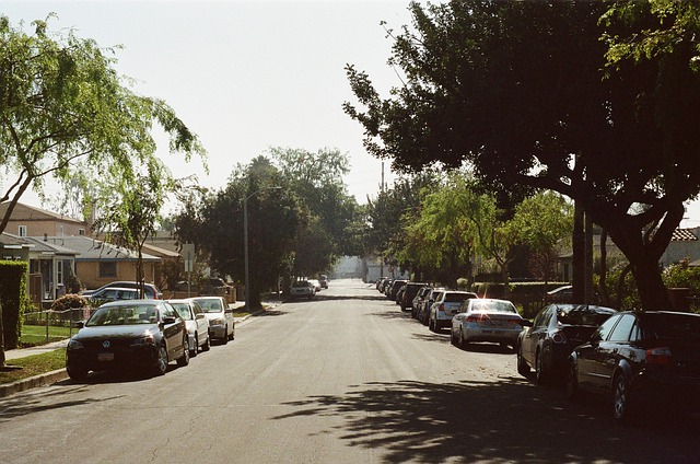 A street lined with cars and tress.