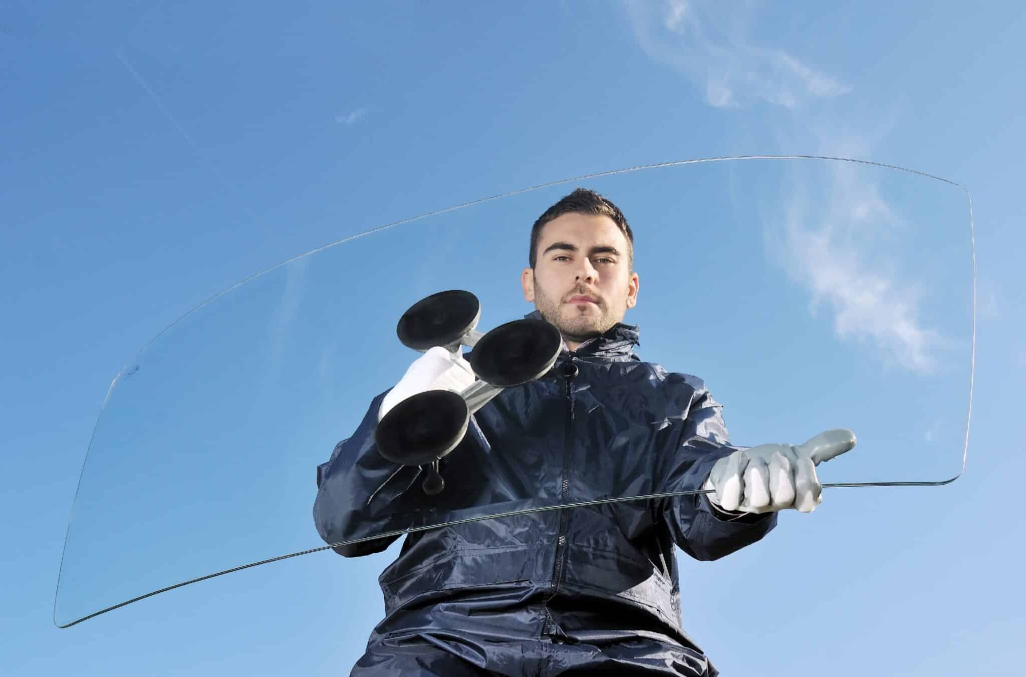 A man holding a glass windshield with the help of suction cup tool.