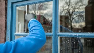 A blue sleeved arm using a squeegee to clean a glass window.