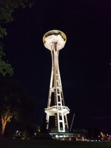 Ground view of the Seattle space needle