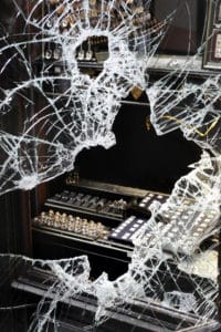 Broken glass of a jewelry case.
