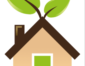 Clipart of aan home, with a bright green door and a dark brown roof. The roof has two large green leaves growing out of it.