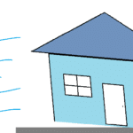 A cartoon blue house being blown off a gray slab.