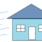 A blue cartoon house being with blue wind.
