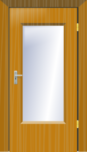 A cartoon wooden door with a sliver handle and a fogged window in the middle.