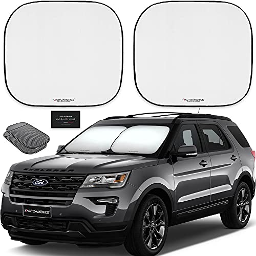 Autoamerics Windshield sunshades sit in the windshield of a Gray Ford Explorer. With a larger image of two windshield sunshades float over the car.