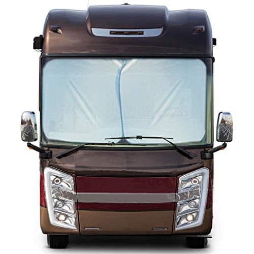 A maroon RV sits facing front with ECONour 2 Piece Foldable RV shade in the front windows