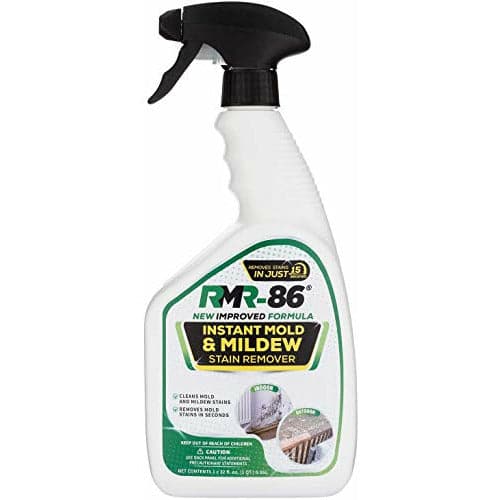 A white spray bottle with a black black sprayer holding RMR-86 Install Mold and Mildew Stain Remover sits against a white background