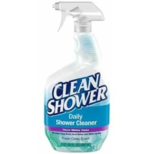 2pk scrub free daily shower cleaner in a blue and white spray bottle