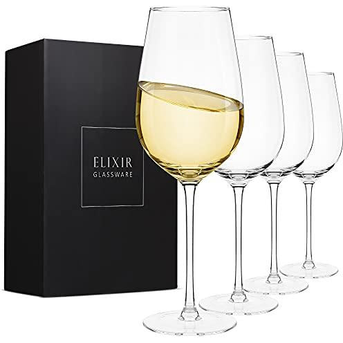 4 Elixir white wine glasses lined up with a tall, rectangular box