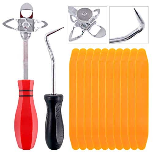 12 Piece Windshield Installation Tool Kit including a red handle tool, a black handle tool, and yellow plastic tools