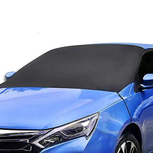 Black Altitaco Car Windshield Snow Covers on a blue sedan windshield