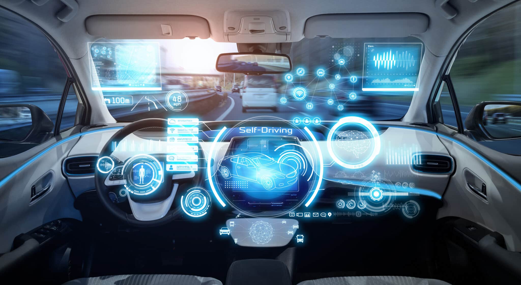 Dashboard of car showing a futuristic style of imagery highlighting different ADAS calibration features.