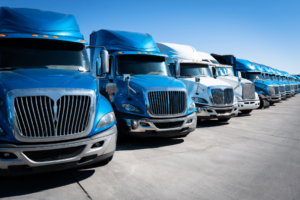 Fleet of trucks all in a line together