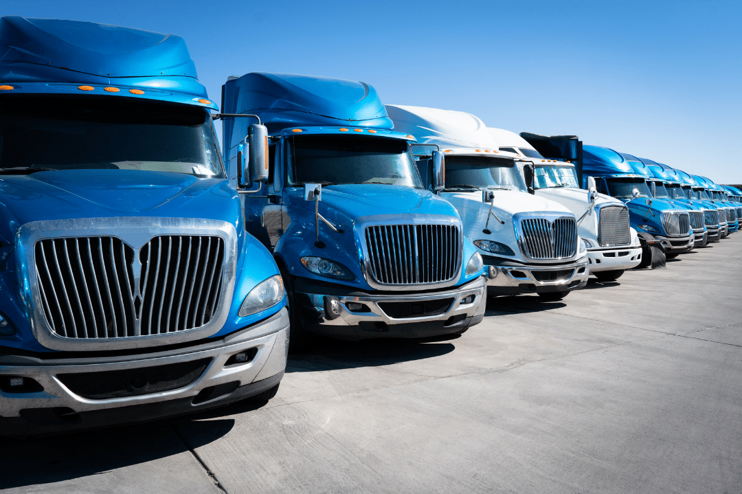 Fleet of trucks all in a line together